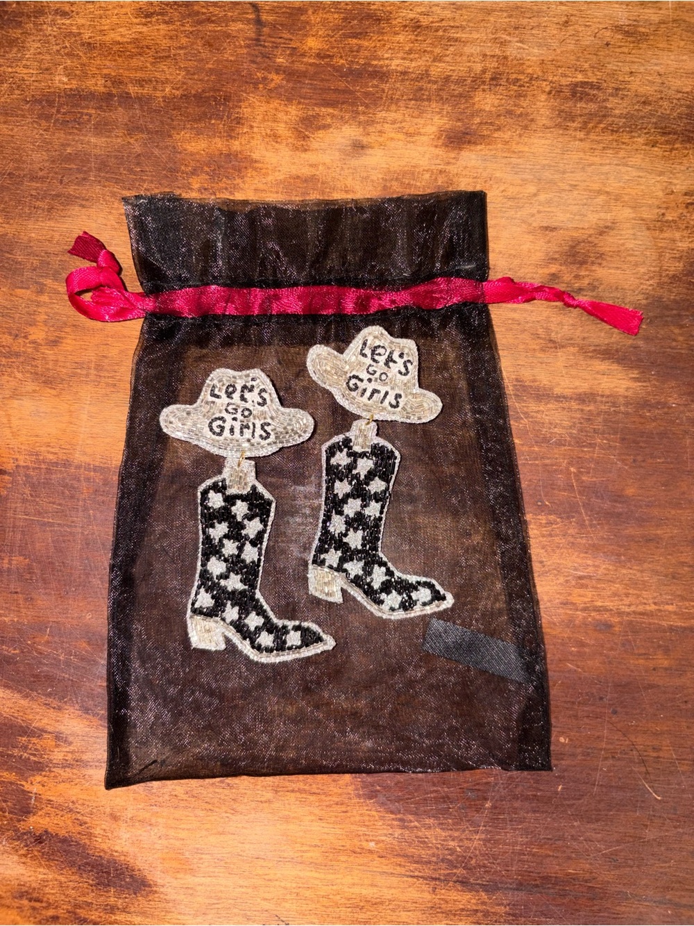 Black and Silver Beaded Cowboy Boot Earrings